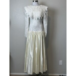 VTG 80's Jessica McClintock Ivory White Wedding Dress Romantic Lace Bow Size S/M